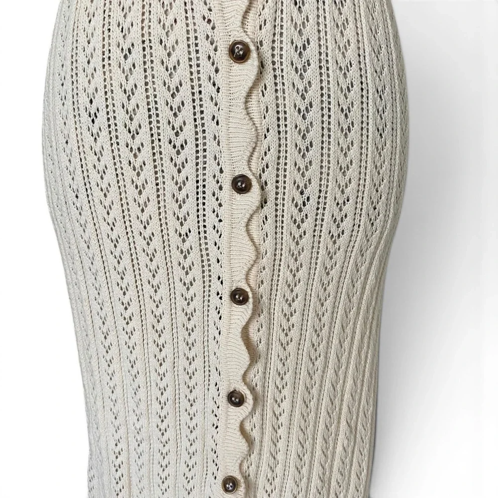 Mango MNG Knit Maxi Dress Womens M Cream Pointelle Button Front Sleeveless Boho - Picture 3 of 15